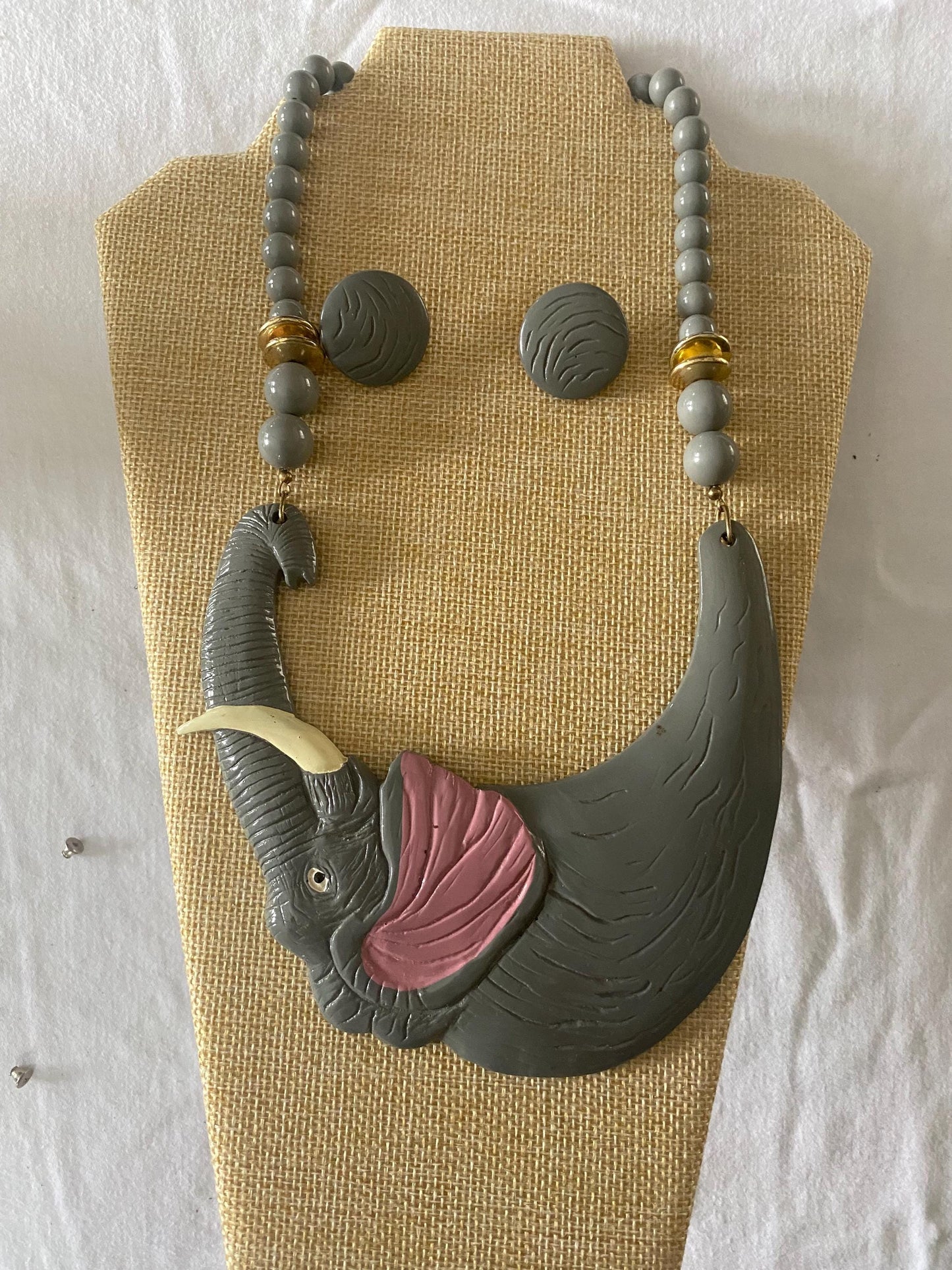 Vintage Elephant Figural BIB & Beaded Statement Resin Necklace and Matching Earrings Jewelry Unique Gifts Lover Antiques and Vintage