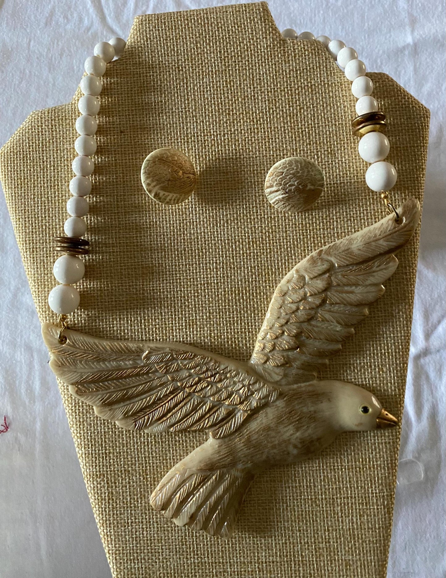 Vintage Bird in Flight Figural BIB Beaded Statement Resin Necklace & Matching Earrings Soaring Bird Jewelry Lover Antiques and Vintage