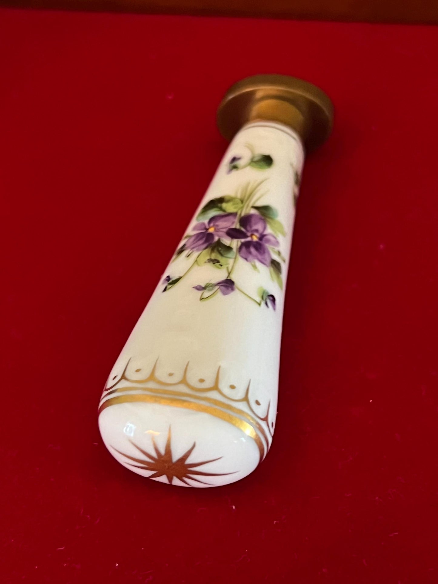 Vintage Hand Painted Purple Flowers Porcelain and Brass Hand Stamp Flowers Stamper Design Lover Antiques and Vintage