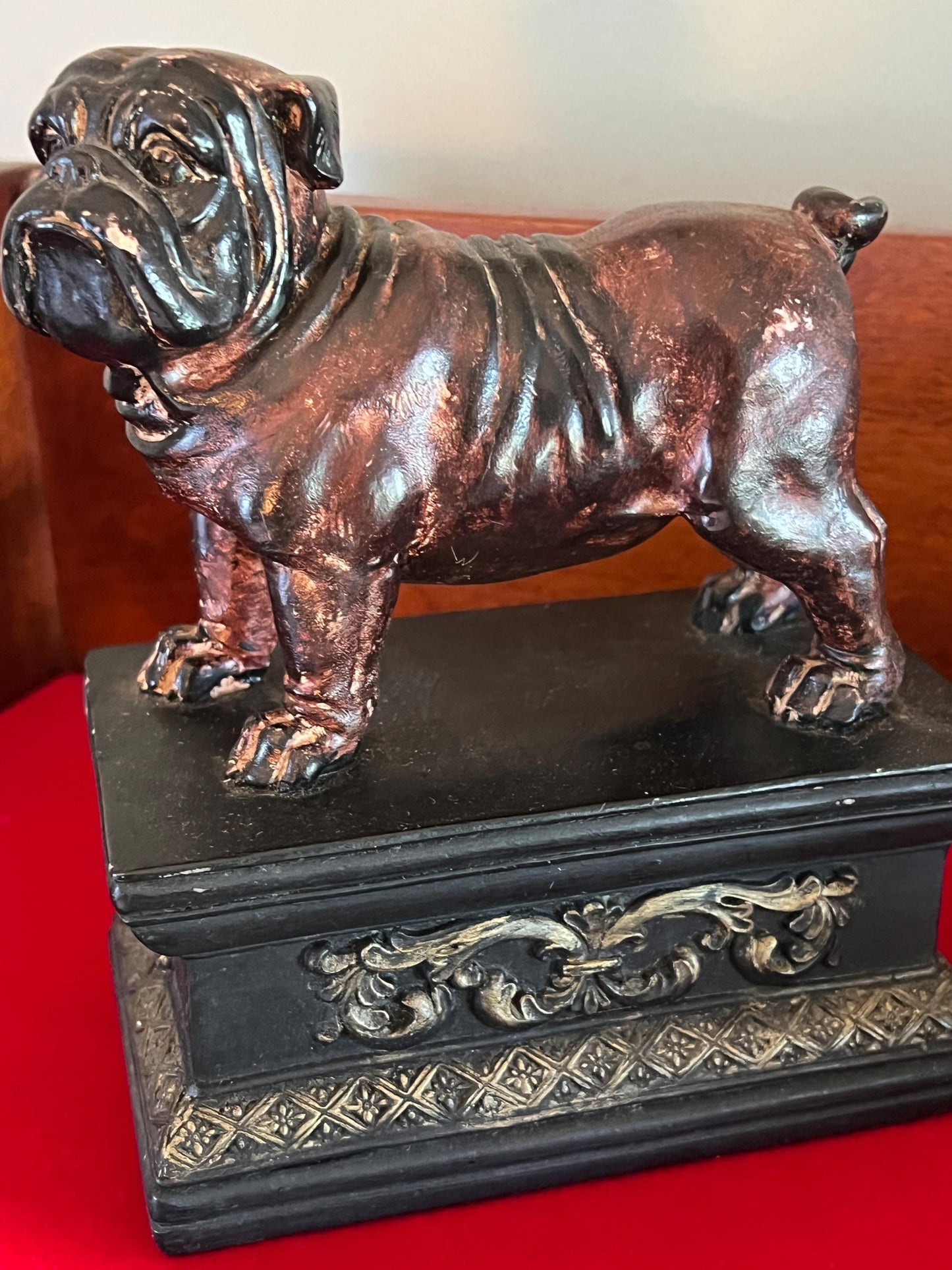 Vintage Bulldog Statue on a Base with Fleur de Lis Stately Brown Figurine on a Stand Lover Antiques and Vintage