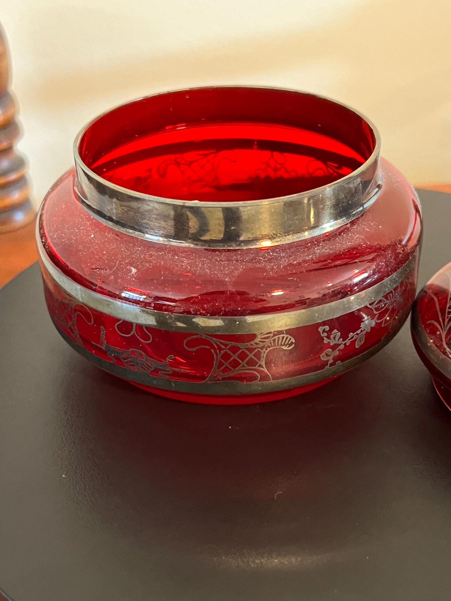 Vintage Bohemian Ruby Red Glass Container with Lid Hand Painted Silver Gilding Trinket Box Lidded Jar Lover Antiques and Vintage