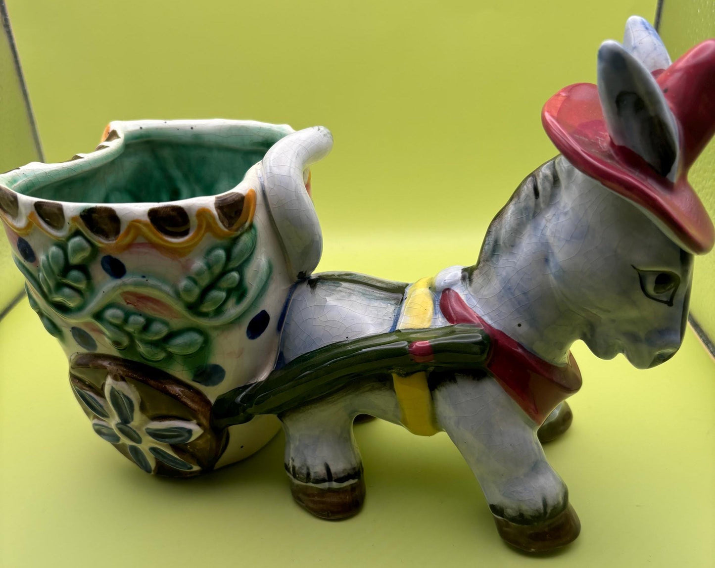 Vintage Lefton Donkey with Cart Hand Painted Ceramic Planter Figurines Japanese Lover Antiques and Vintage
