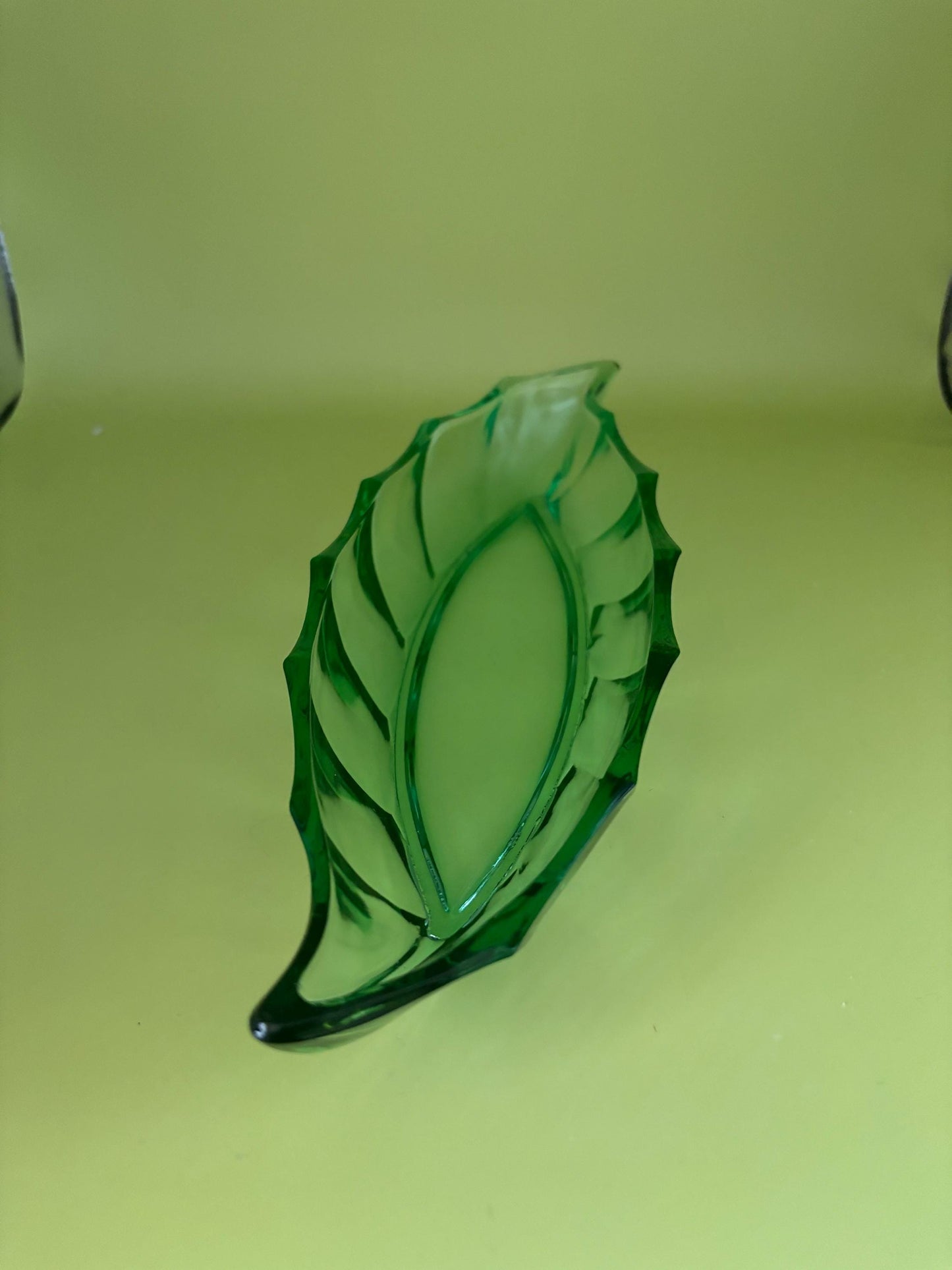 Antique Heisey Glass Green Leaf Bowl 10” long Lover Antiques and Vintage