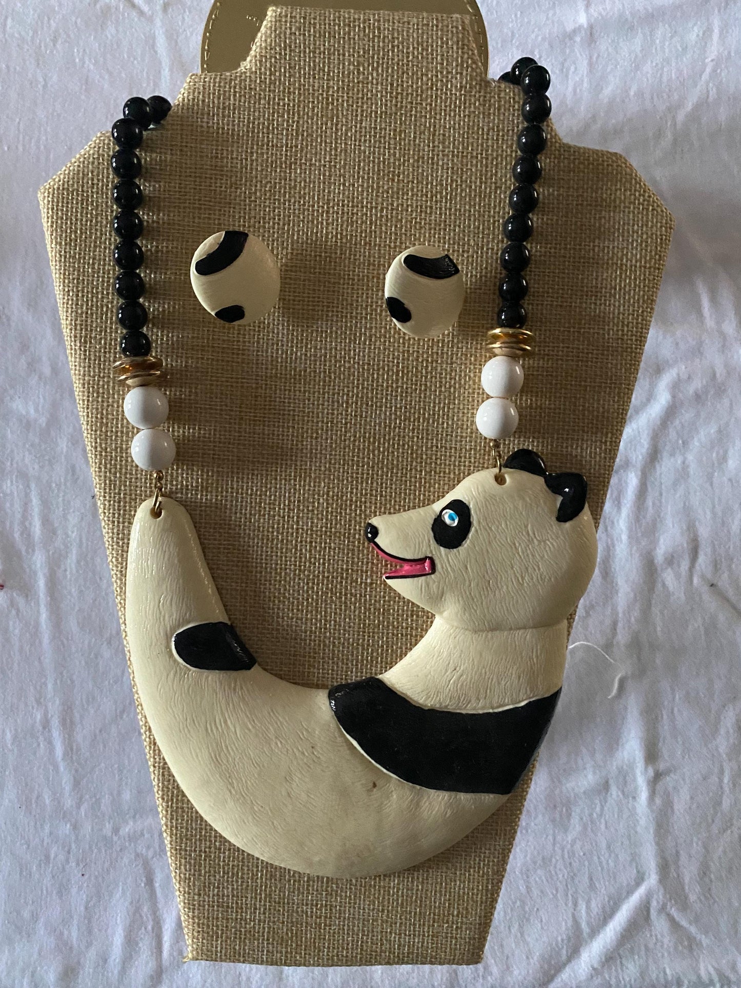 Vintage Panda Bear Figural BIB & Beaded Statement Resin Necklace and Matching Earrings Jewelry Unique Gifts Lover Antiques and Vintage