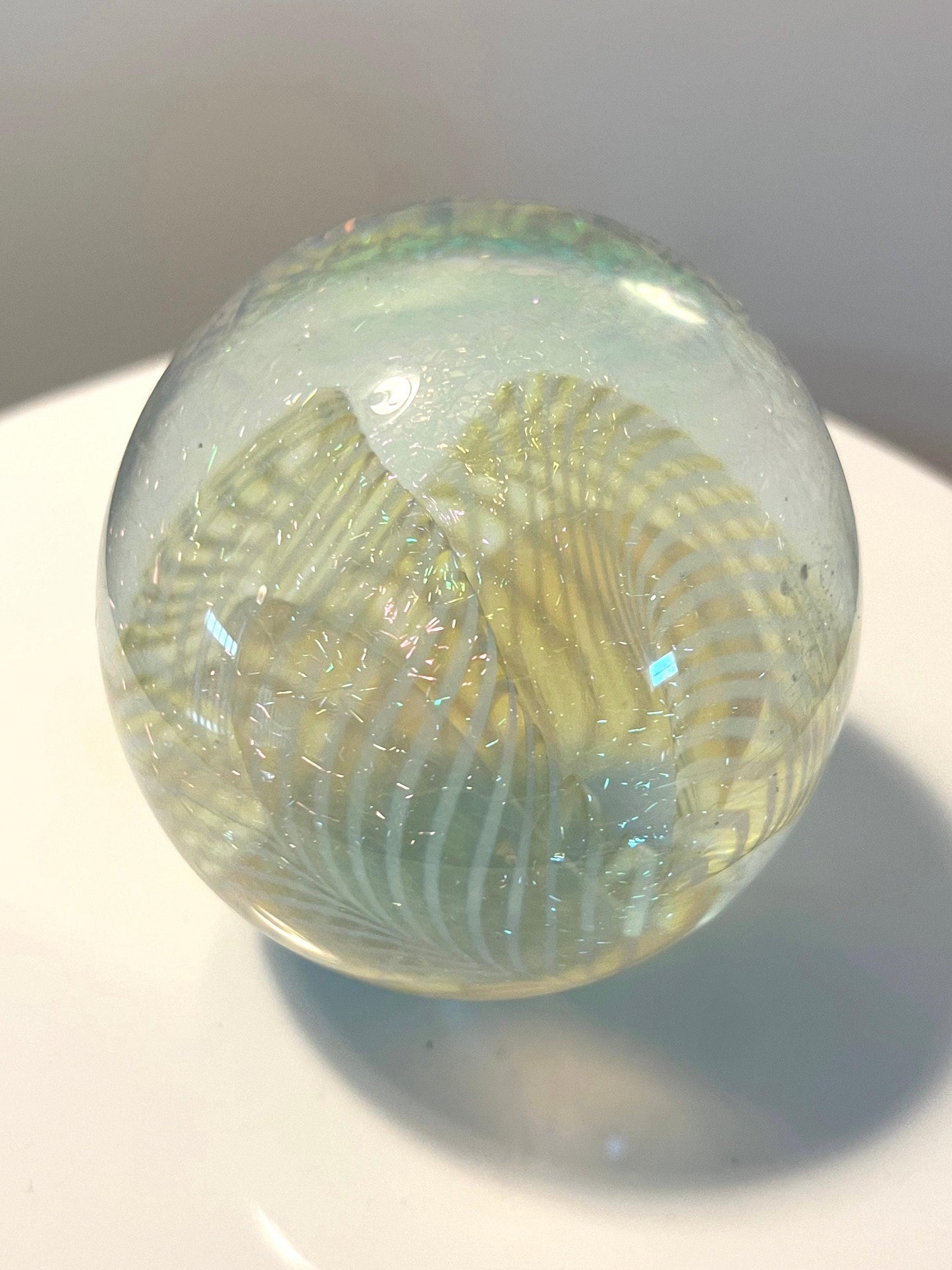 Vintage Robert Eickholt Dichroic Glass Art Paperweight layered glass hues of metallic sparkle Lover Antiques