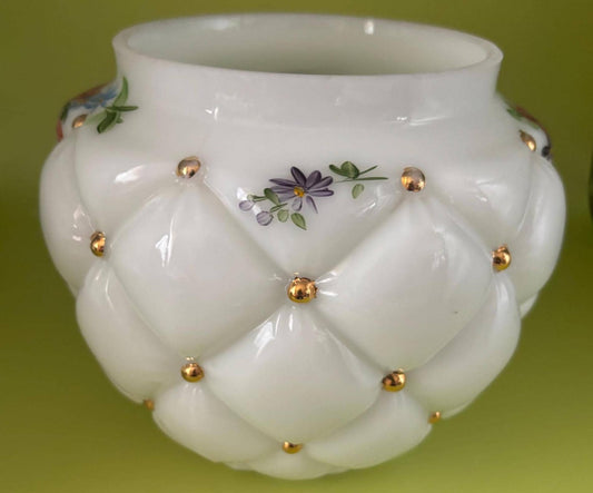 Vintage Consolidated Con Cora Glass Bowl Jar Quilted Rose Milk Biscuit Hand Painted Dish Lover Antiques and Vintage