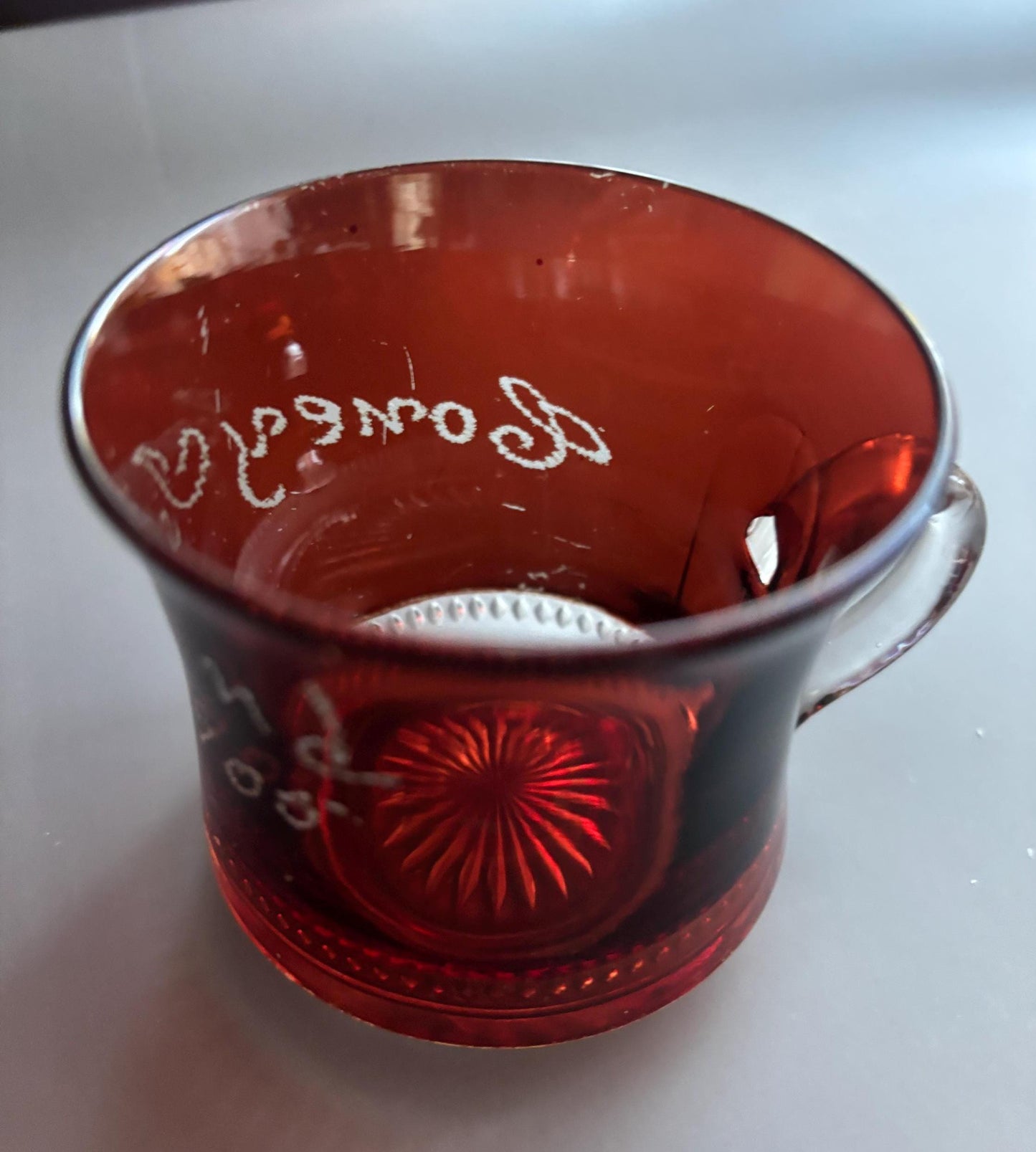 Antique Ruby Red Flashed Coney Island 1905 Red Glass Cup Souvenir Lover Antiques and Vintage