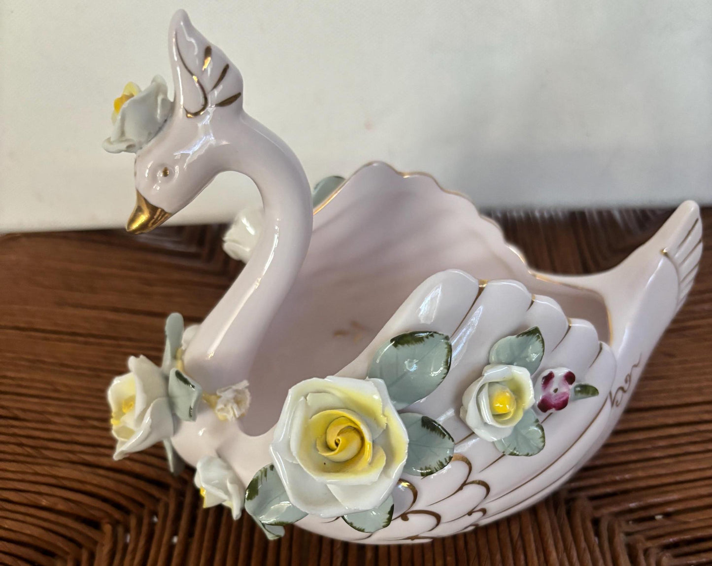 Vintage Lefton Hand Painted Porcelain Swan with Roses Capodimonte Style Figurines Japanese Lover Antiques and Vintage