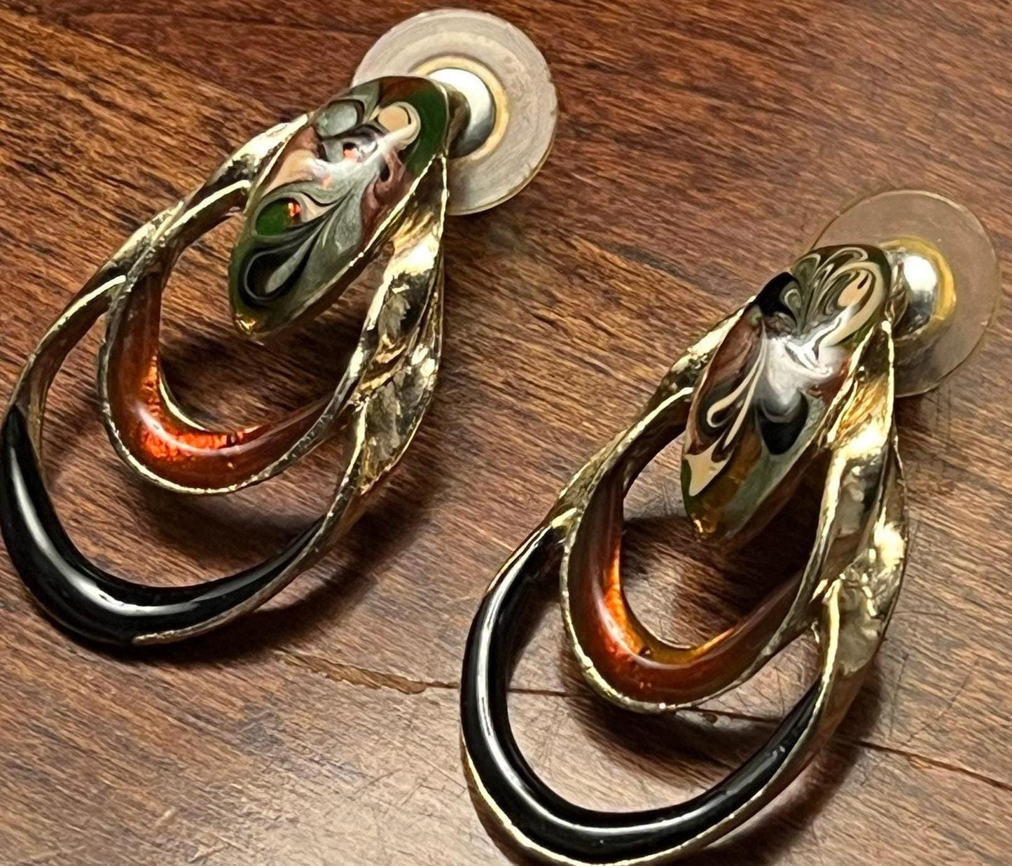 Vintage Karissa Rust and Swirls of Copper and Brown Enamel Double Loop Earrings