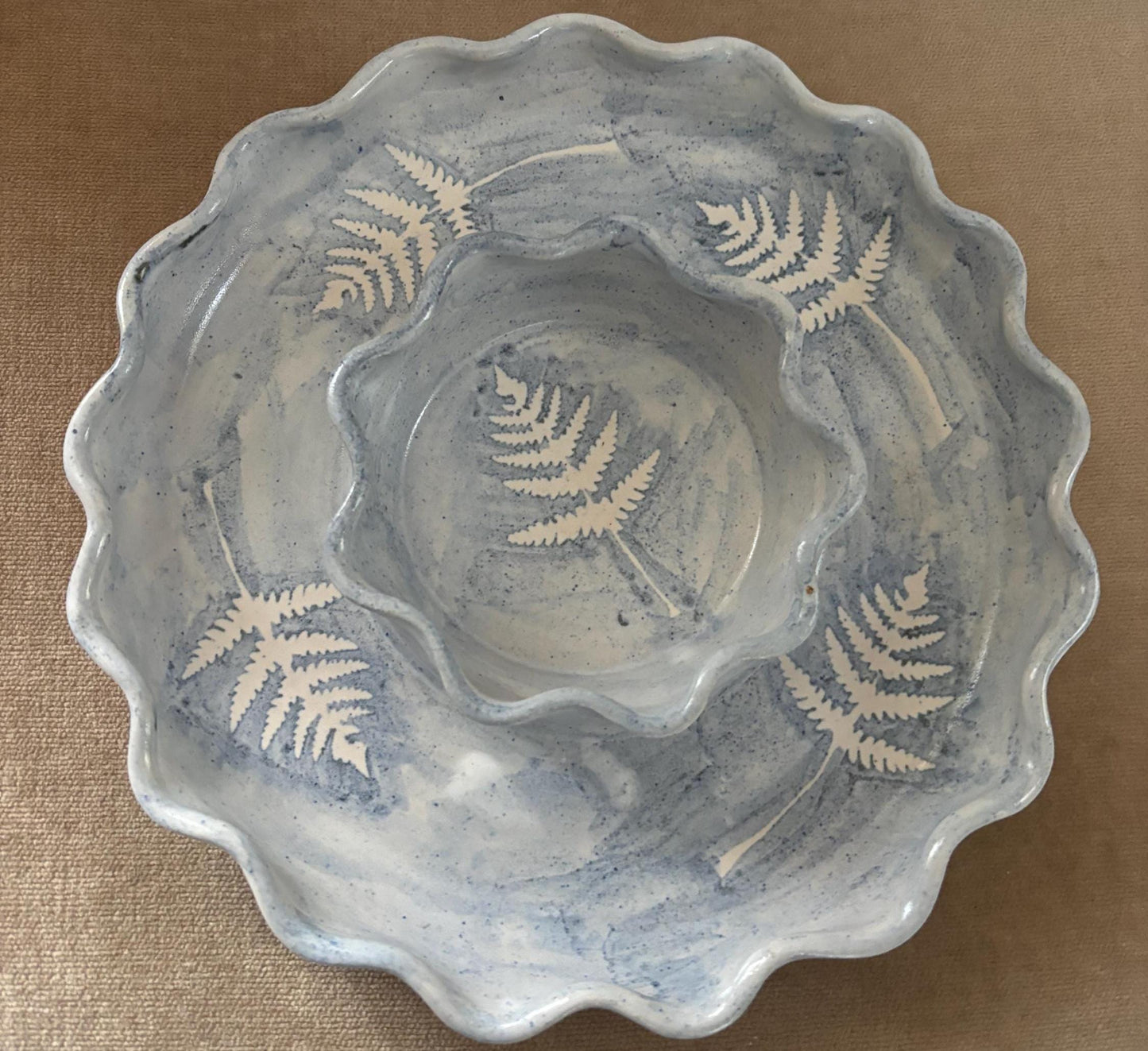 Vintage Blue Stone with Stenciled Leaf Design Bowl Tray Hors d'oeuvre Platter Signed Cape Cod Lilli Lover Antiques and Vintage