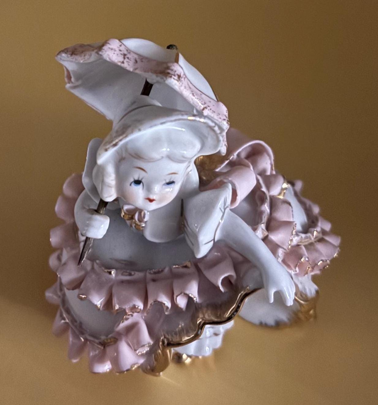 Vintage Lefton Girl with Umbrella Hand Painted Signed KW4698 Capodimonte Style Woman Lover Antiques and Vintage