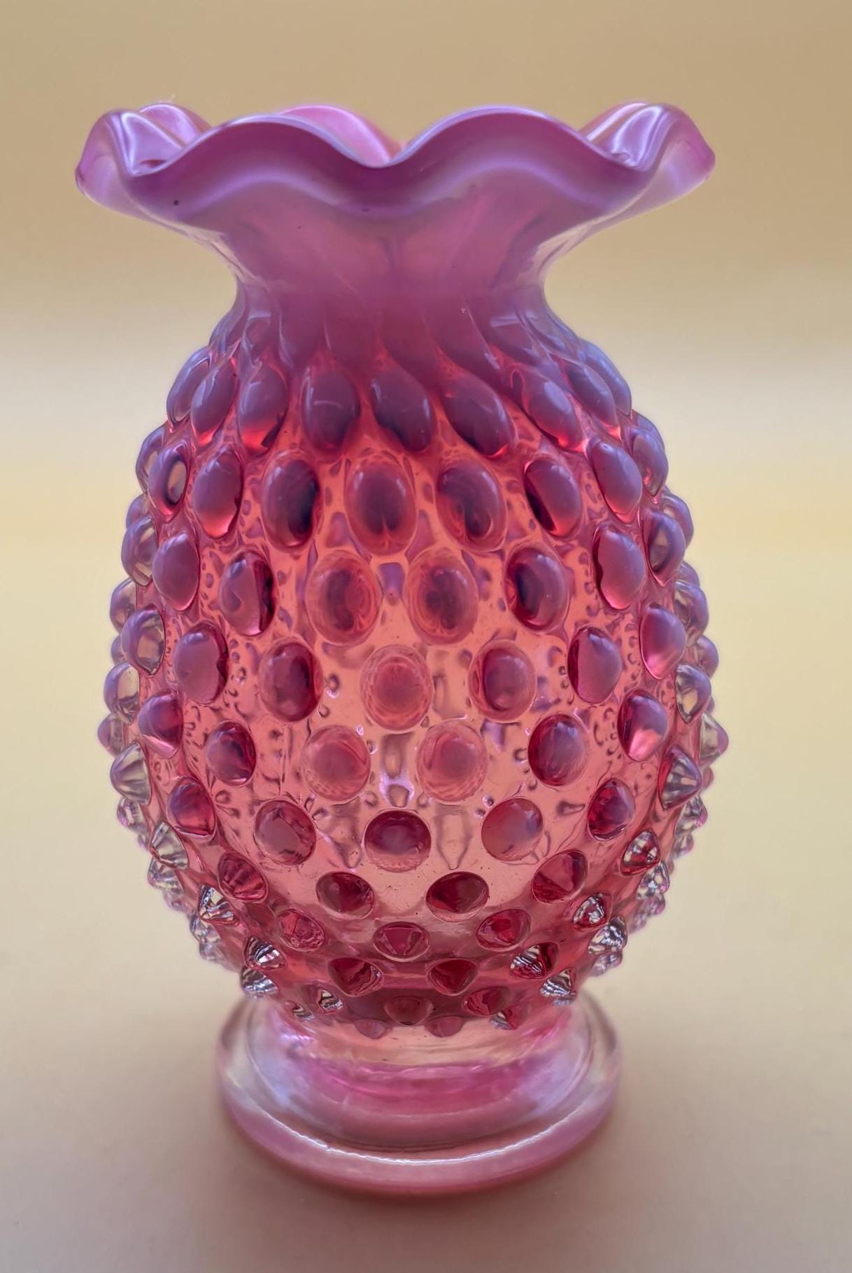 Vintage Fenton Cranberry Opalescent Miniature Hobnail Vase with Pedestal Lover Antiques and Vintage
