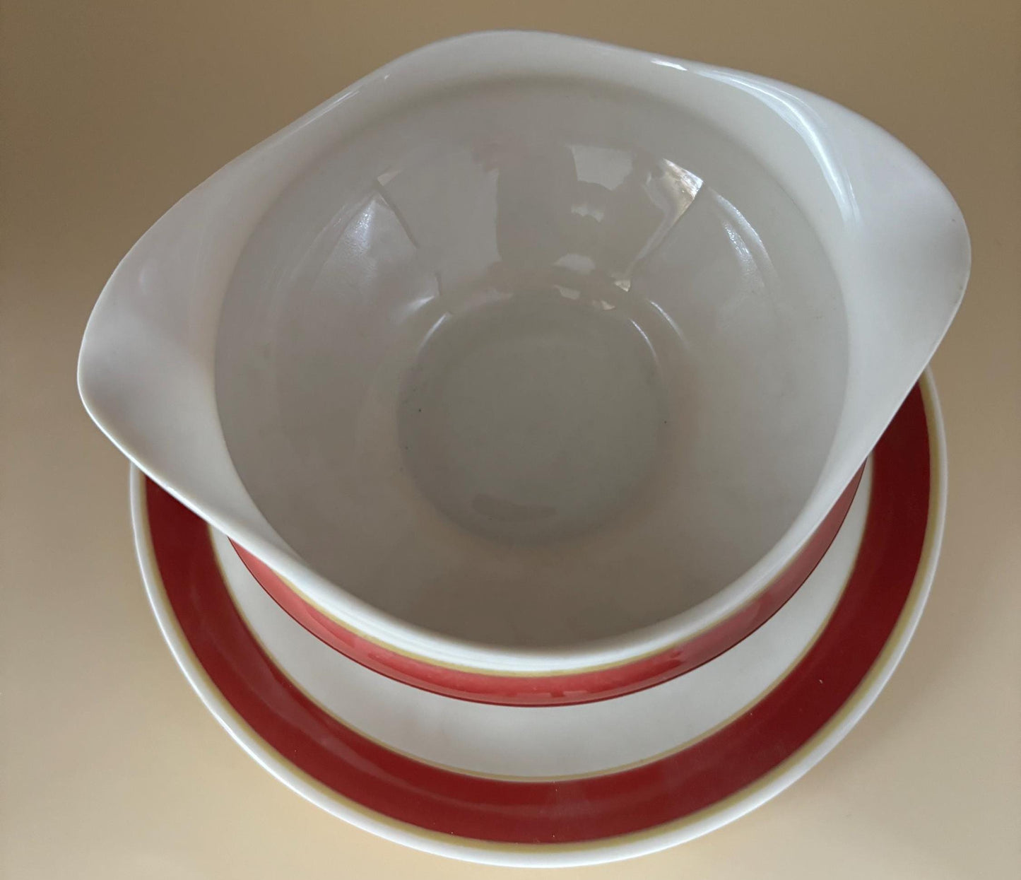 Vintage Syracuse China Gravy Boat and Saucer Red White Orange Stripe Lover Antiques and Vintage