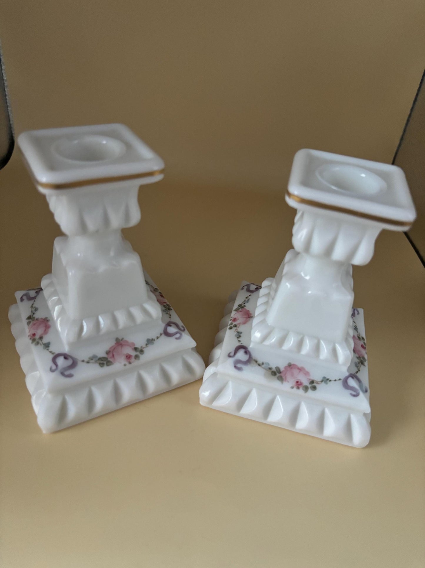 Vintage Westmoreland Hand Painted Charleton Hand Painted Roses Style Matching Milk Glass Candlesticks Lover Antiques and Vintage
