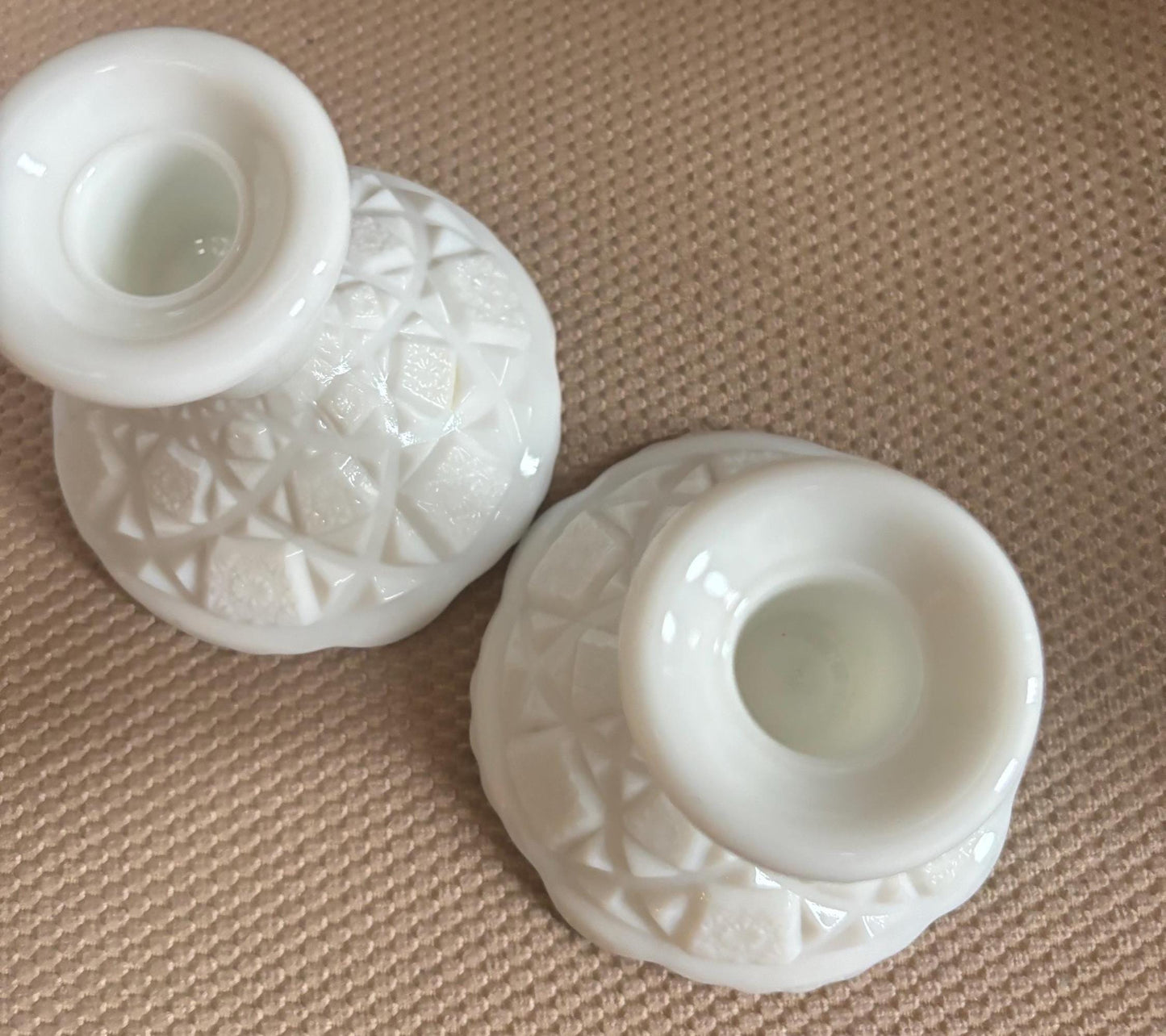 Vintage Westmoreland Old Quilt Milk Glass Pair of Candle Holders Lover Antiques and Vintage