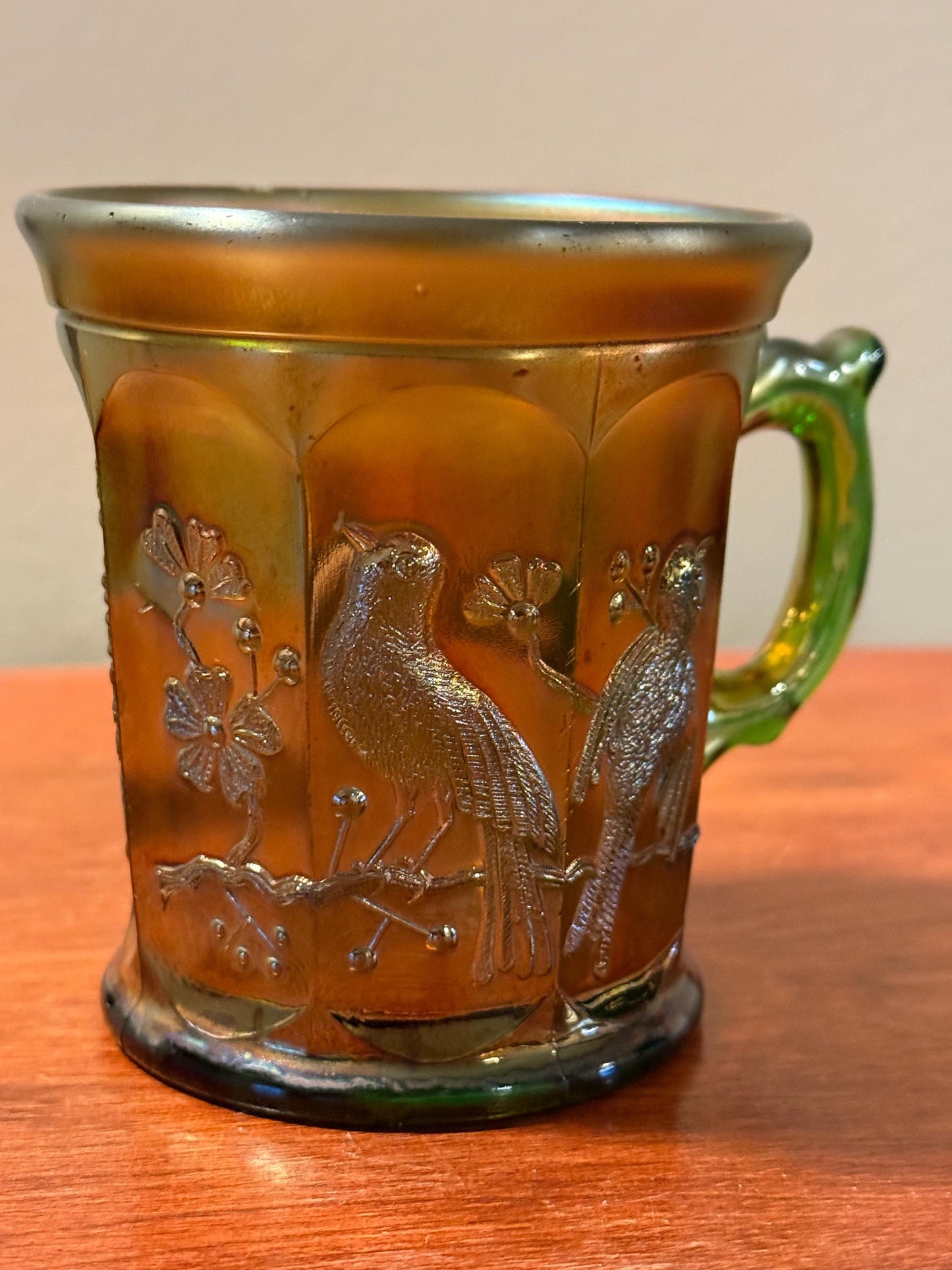 Antique Northwood Singing Birds Green Carnival Glass Mug Cup with Handle Lover Antiques and Vintage