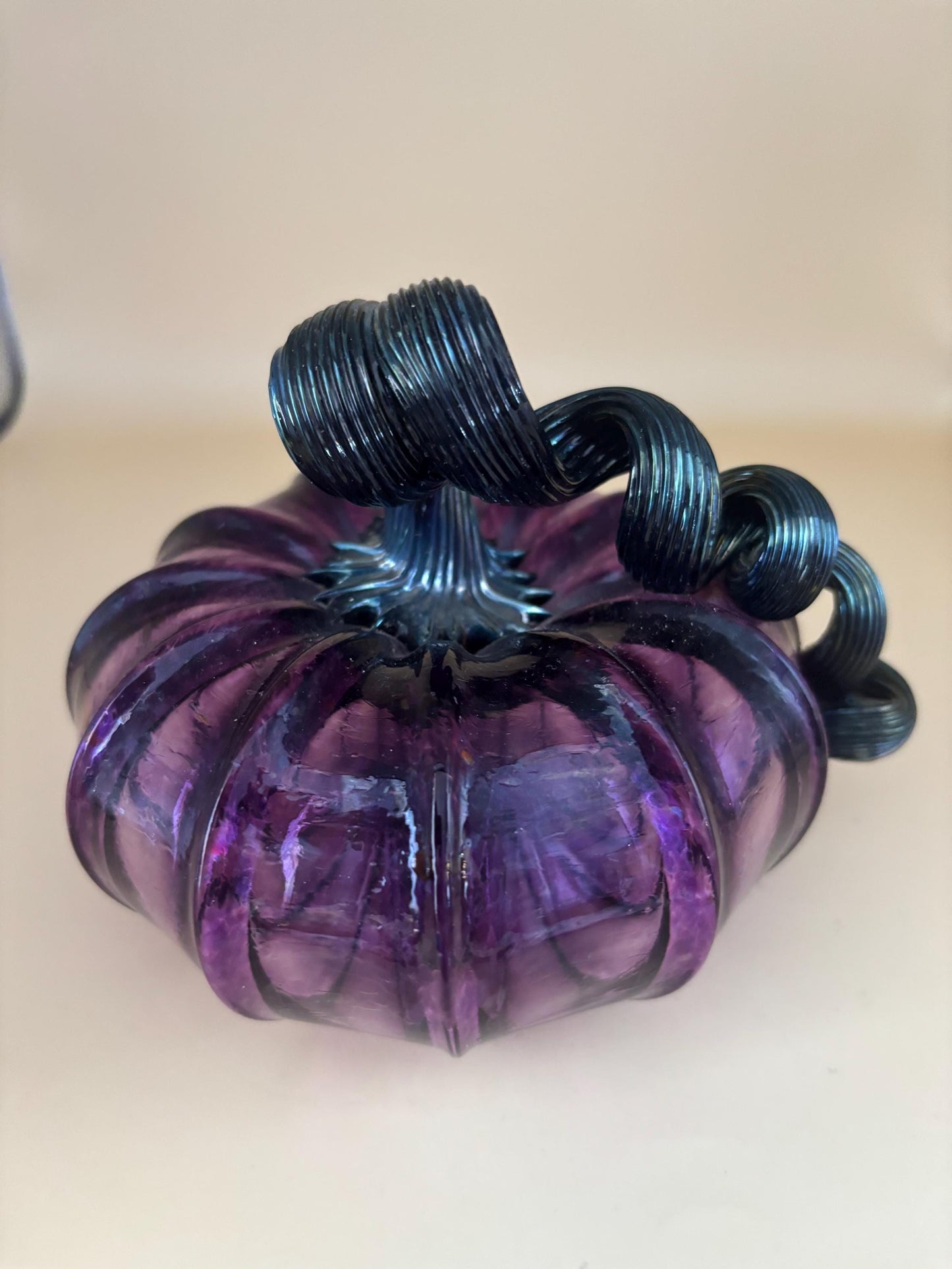 Vintage Purple Glass Pumpkin with Curly Stem Hand Blown Glass Art Lover Antiques and Vintage