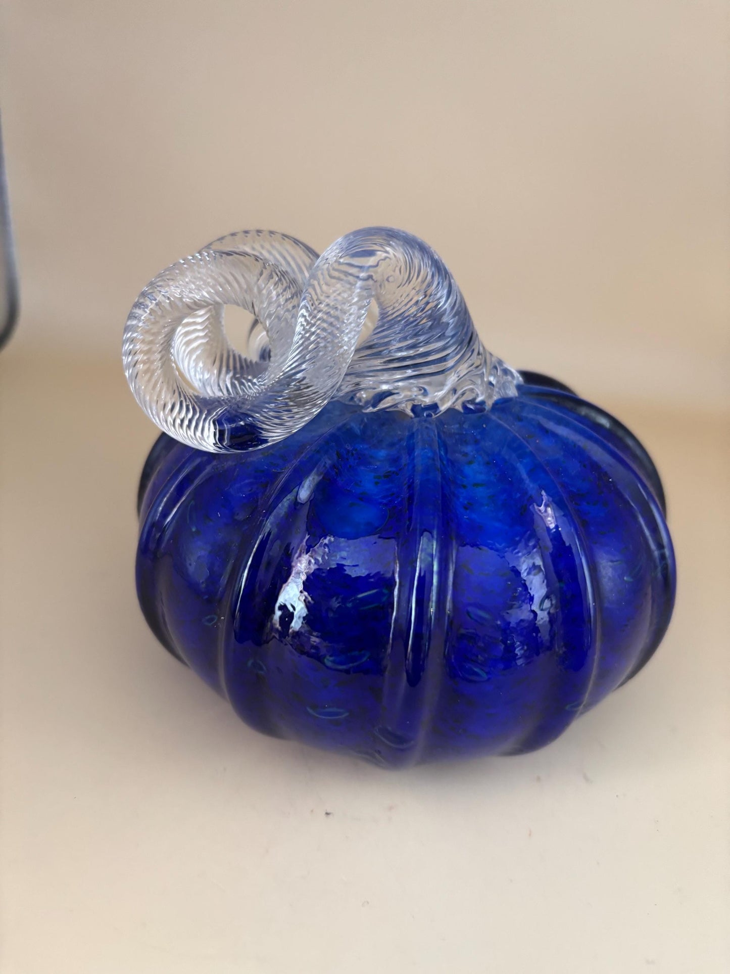 Vintage Cobalt Blue Glass Pumpkin with Curly Stem Hand Blown Glass Art Lover Antiques and Vintage
