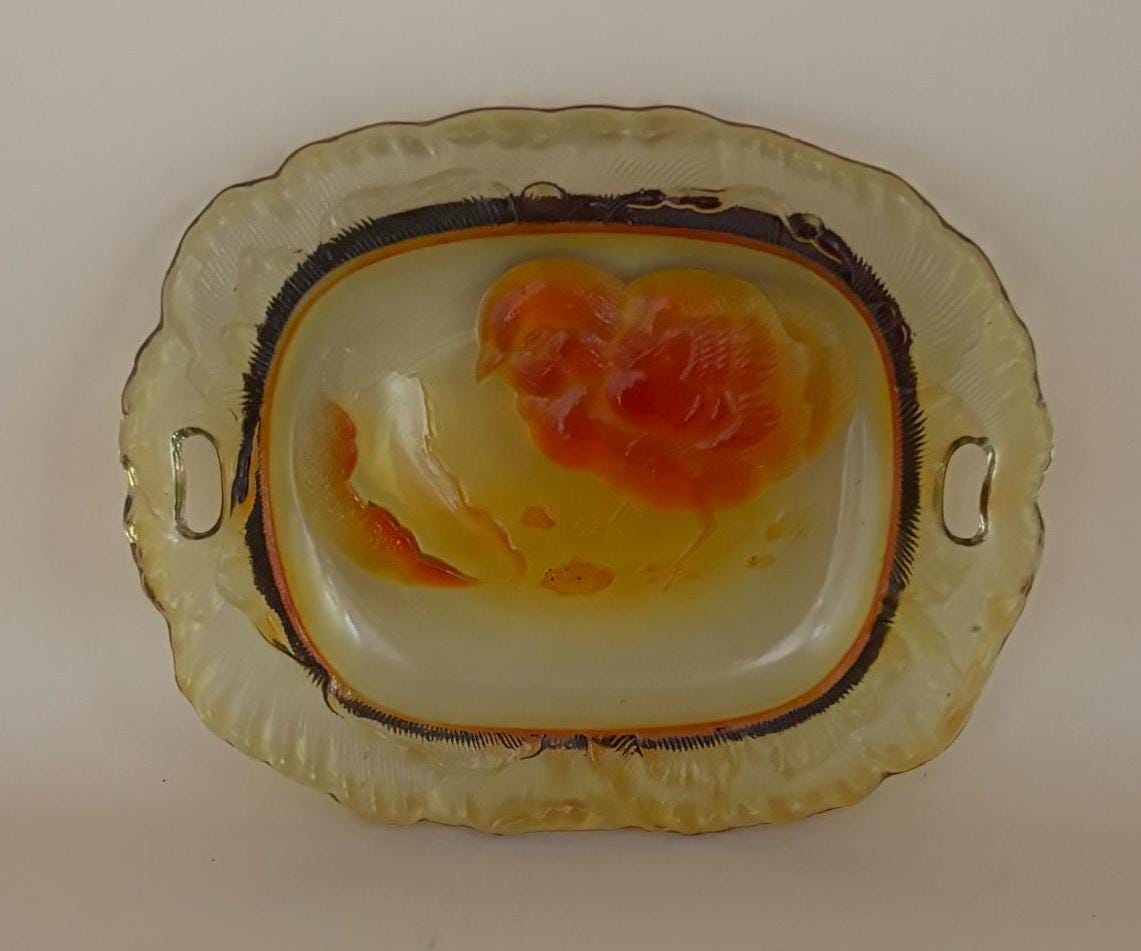 Vintage Amber Pressed Glass Plate with Chick Emerging from Egg Yellow Glass Art Small Plate Lover Antiques and Vintage