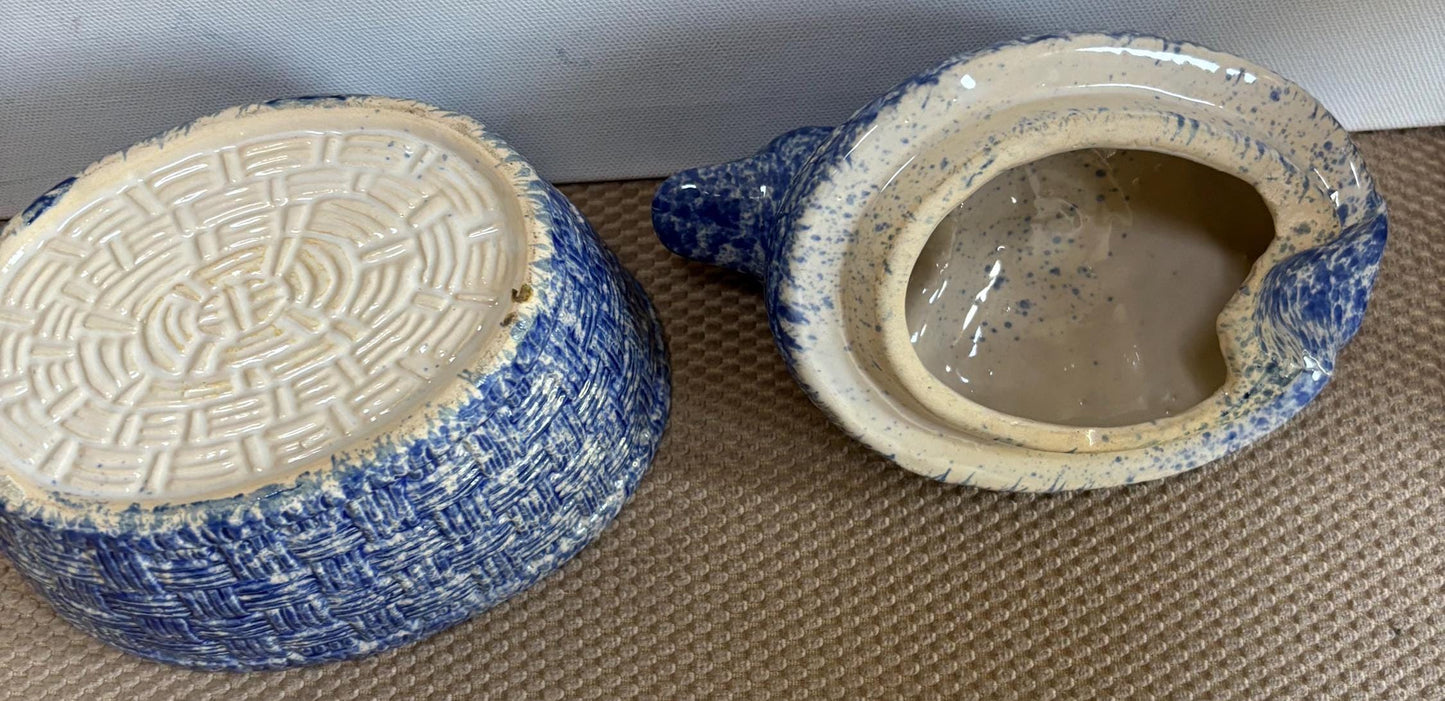 Vintage Spongeware Blue Ceramic Duck on Nest Duck Nesting on Basket Dish Lover Antiques and Vintage