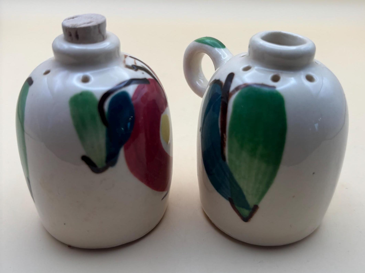 Vintage Purinton Pottery Hand Painted Green and Blue Leaves Salt & Pepper Shakers Apple Motif Ceramic Lover Antiques and Vintage