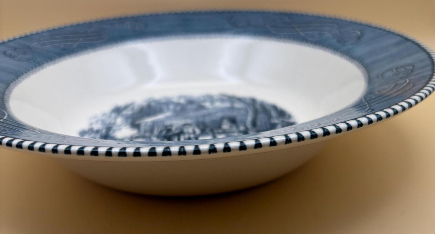 Vintage Currier & Ives by Royal China Bowl Blue White Outdoor Fire Side Near Cabin Scene Lover Antiques and Vintage