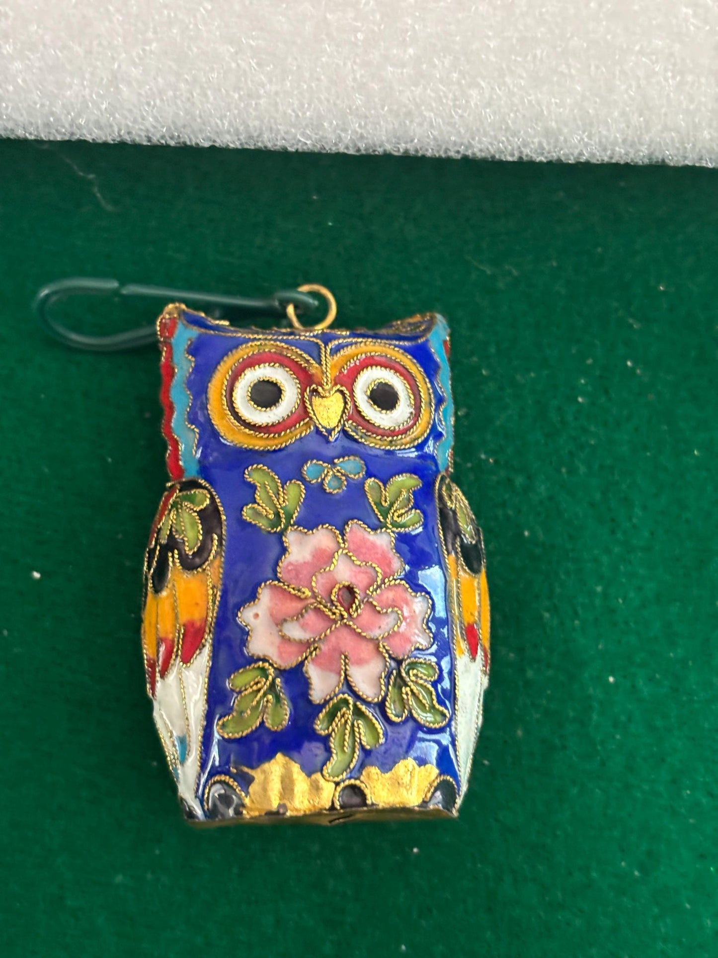 Vintage Cloisonné Brass Enameled Tall Standing Owl Statue Purple Pink Rose Enameled Owl Figurine Lover Antiques and Vintage