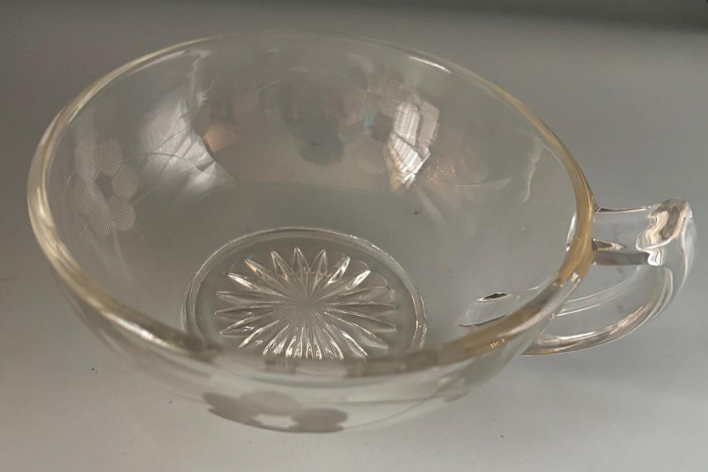 Vintage Glass Etched Nappy Dish Starburst Glass with Handle Lover Antiques and Vintage