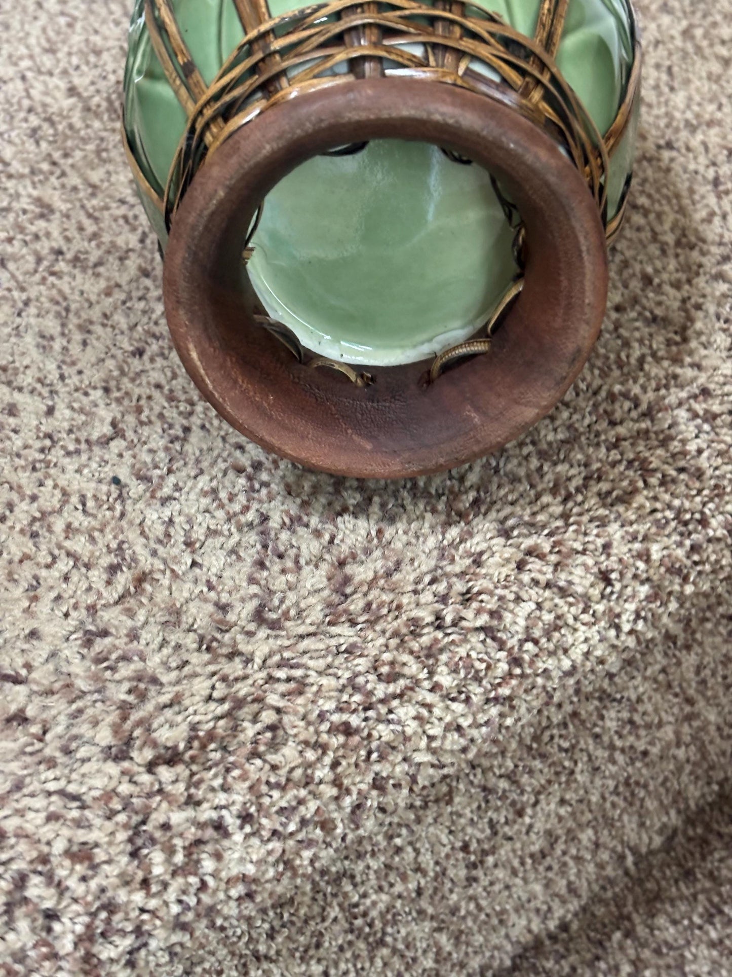 Antique Ironstone Vase with Green Ceramic Body and Woven Rattan Accents Possibly One of a Kind Gift Lover Antiques and Vintage