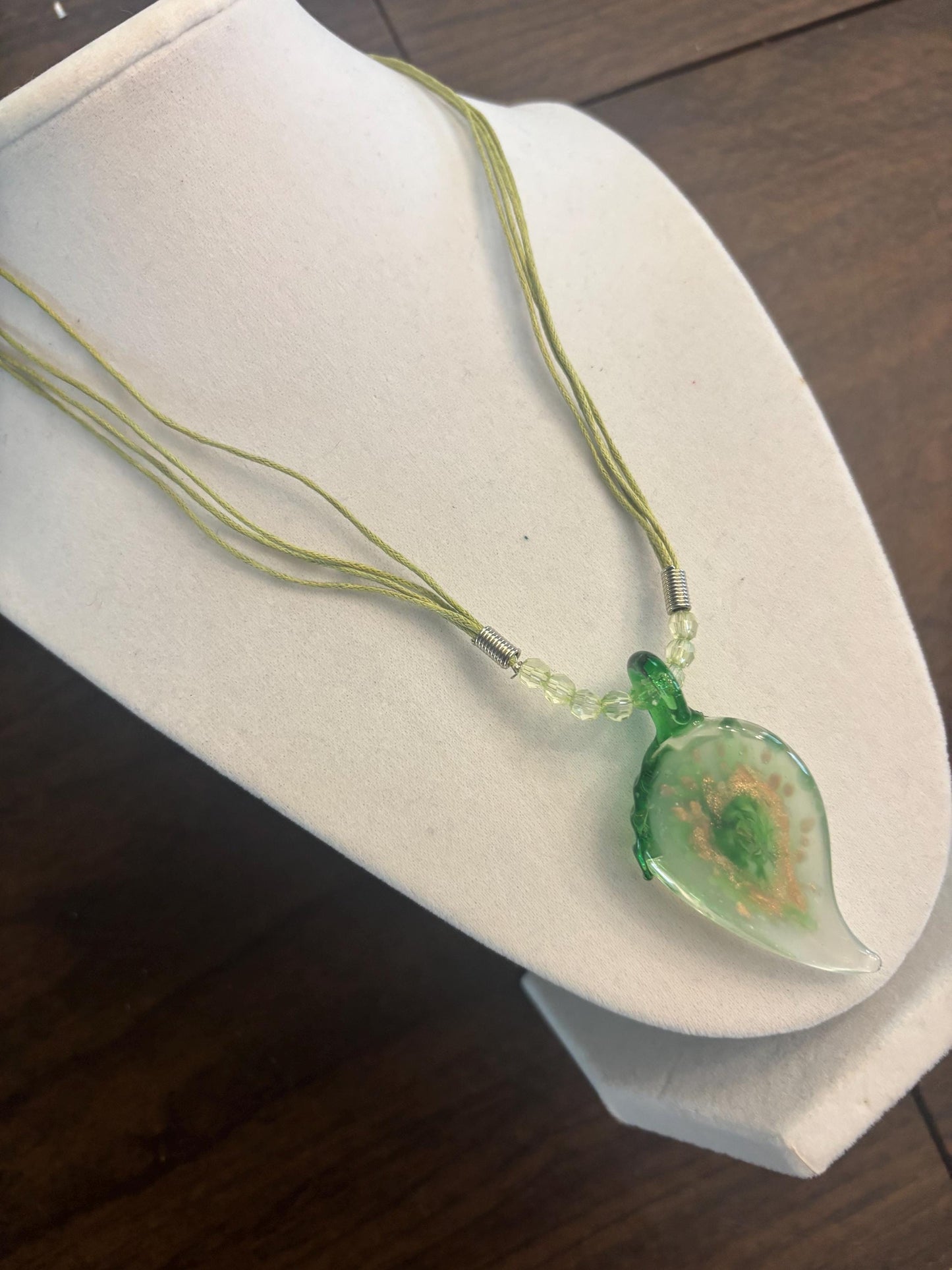 Vintage Green Glass Leaf Hinge Crafted Art Glass Necklace Lover Antiques and Vintage