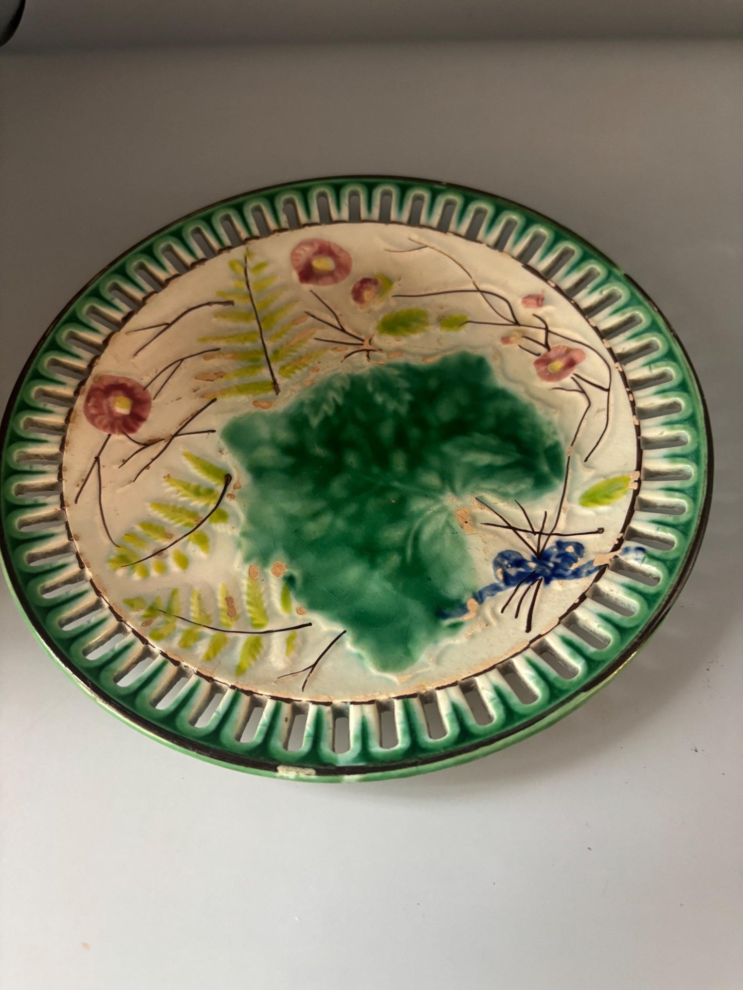Antique Majolica Reticulated Plate Nature Floral Leaf Pattern Made in Germany Lover Antiques and Vintage