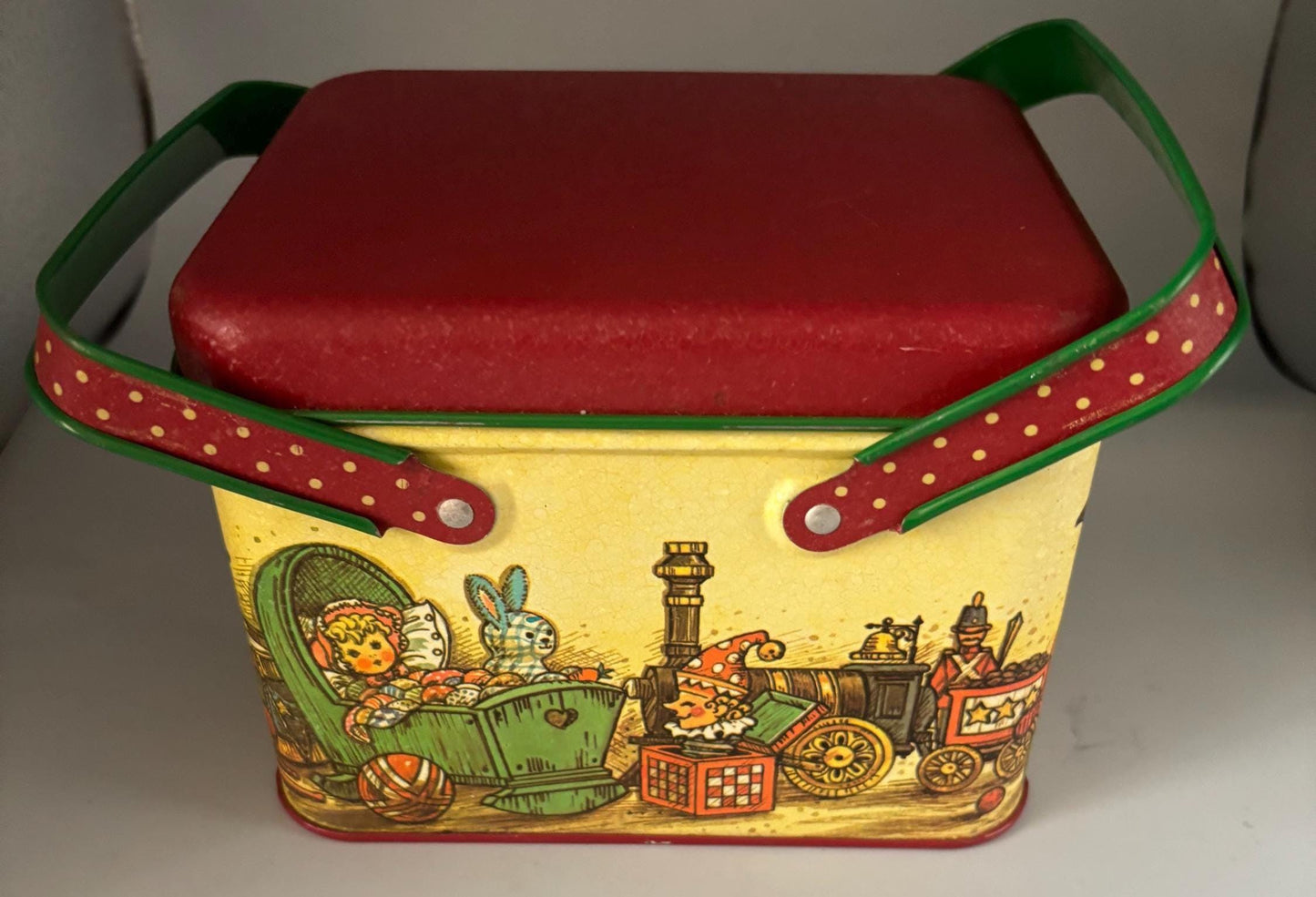 Vintage Tin Box with Double Handle and Lid Potpourri Press Christmas Tin Toys Horse Lover Antiques and Vintage