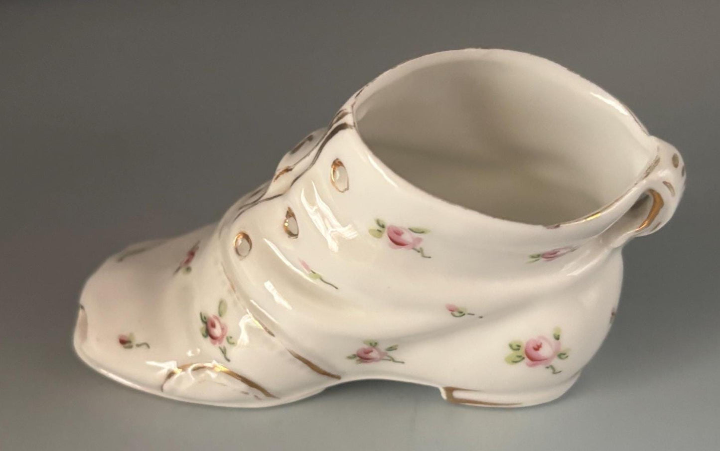 Vintage Porcelain Shoe with Hand Painted Flowers White and Pink with Green Rose Shoe Lover Antiques and Vintage