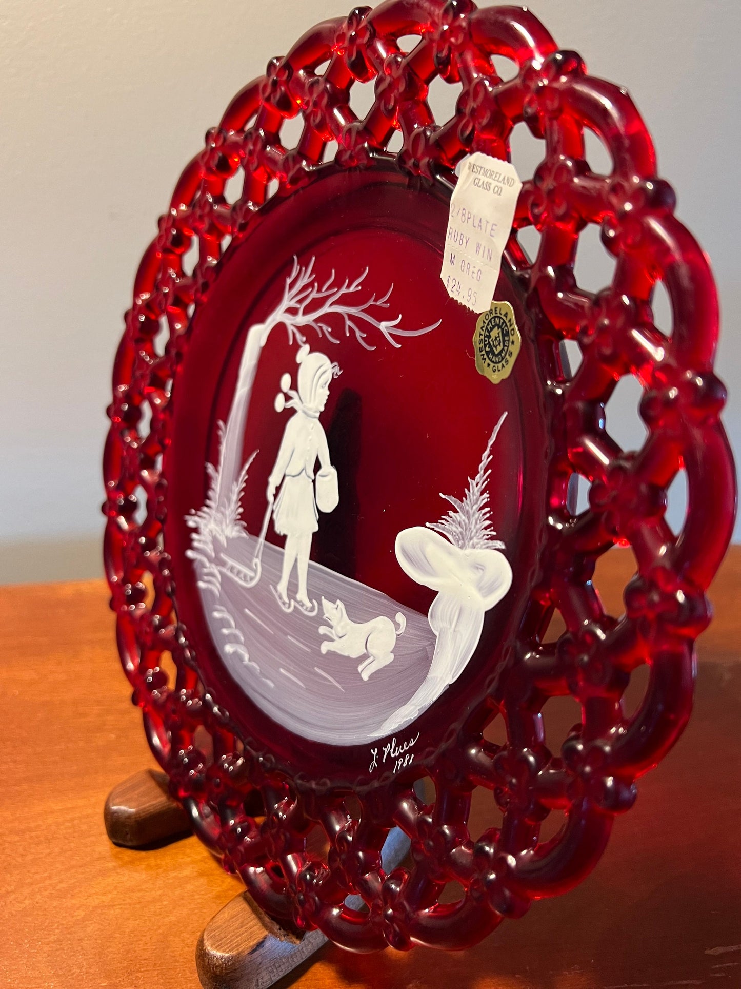 Vintage Westmoreland Ruby Red Plate: Girl, Dog, and Sled - 1981