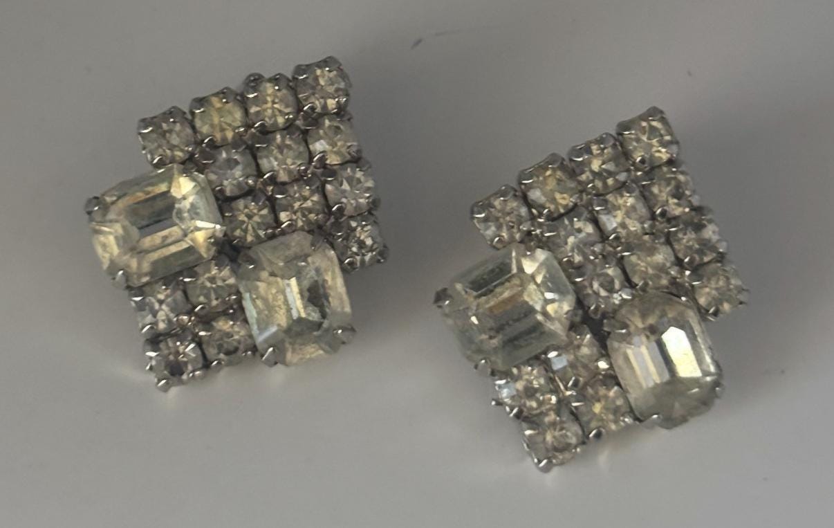Silver Rhinestone Sparkling Clip On Earrings, Art Deco Jewelry