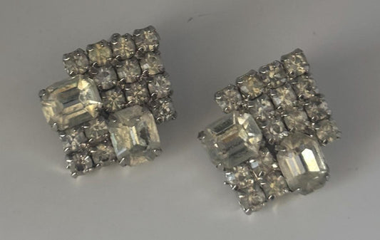 Silver Rhinestone Sparkling Clip On Earrings, Art Deco Jewelry