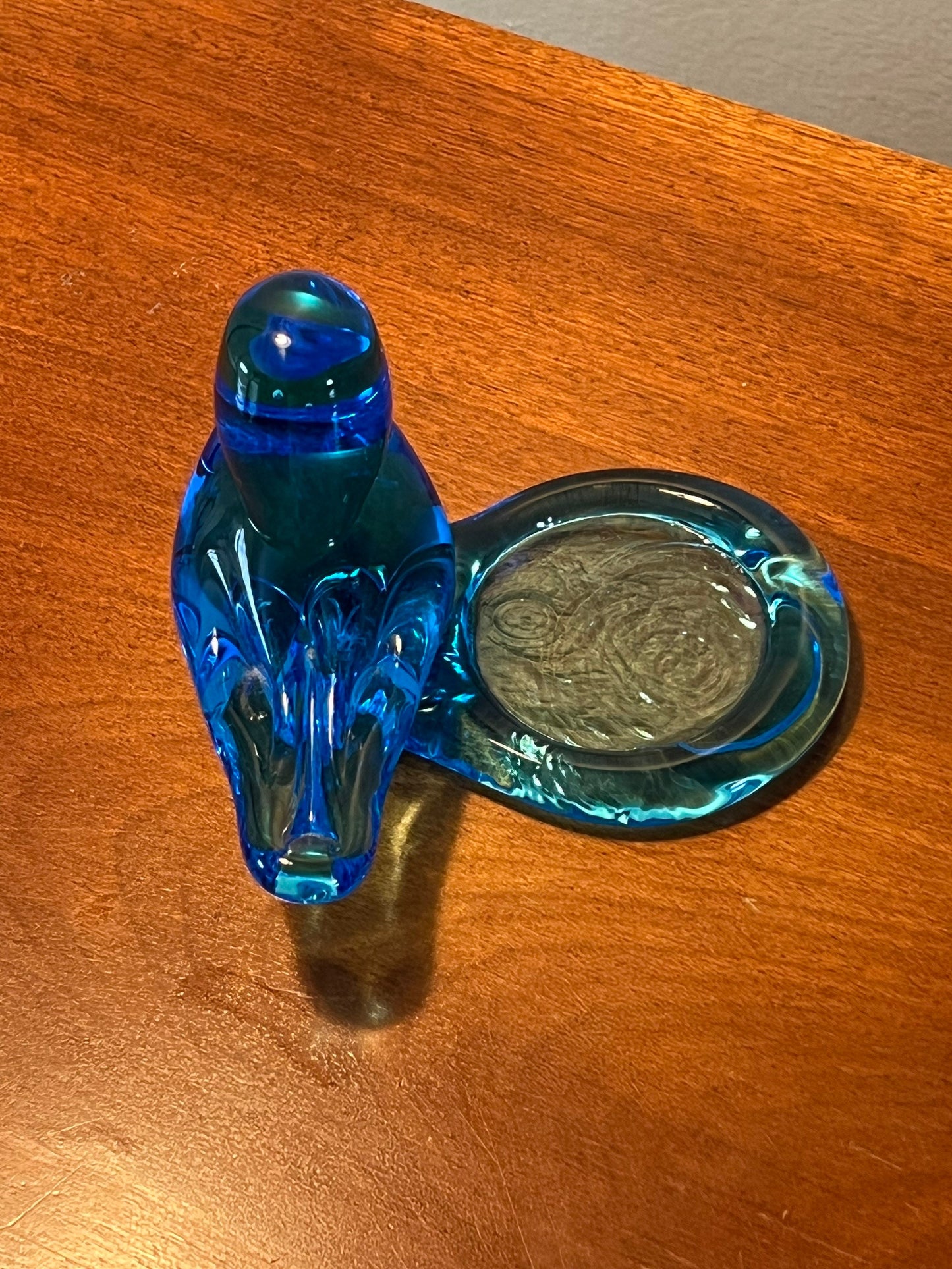 Vintage Blue Art Glass Bluebird of Happiness with Bird Bath, Signed Ron Ray 1995