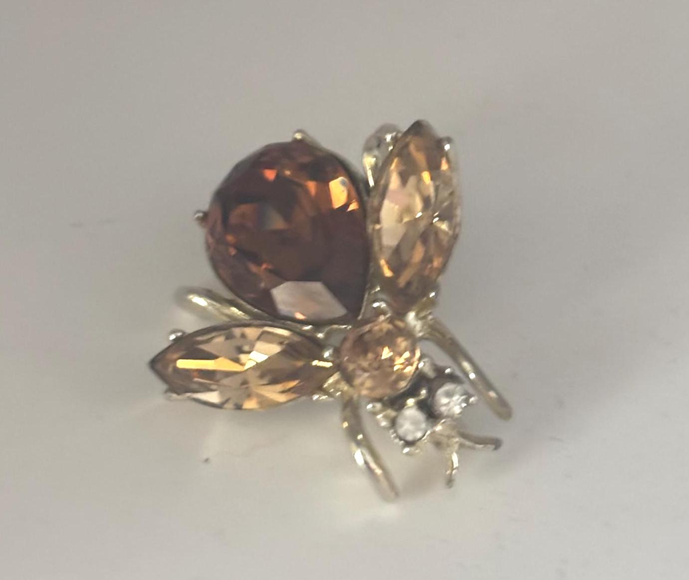 Amber Rhinestone Insect Pin, Enamel Fly Brooch