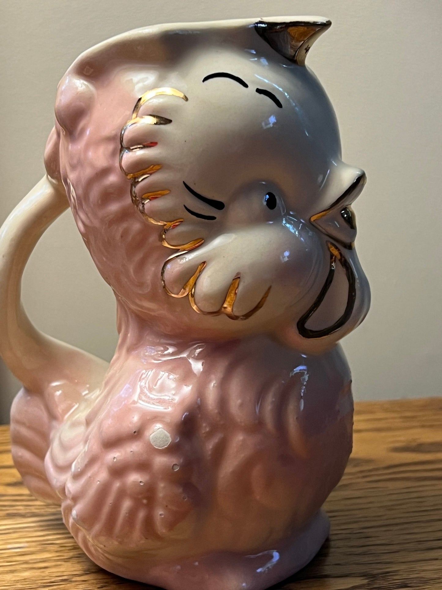 Vintage Shawnee Pottery Owl Pitcher: Pink & White with 14K Gold Trim