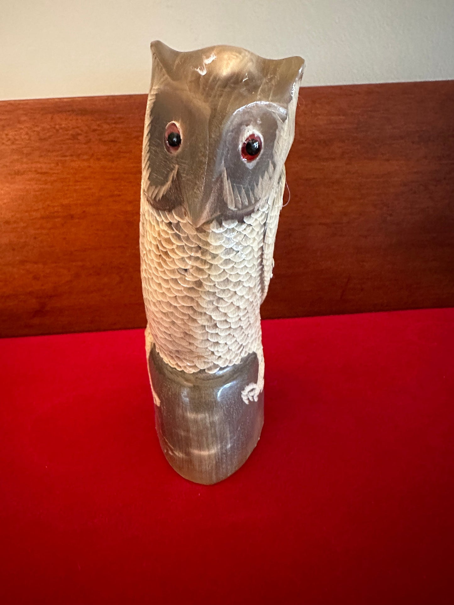 Vintage Hand Carved Horn Owl Figurine: Painted Owl Sculpture