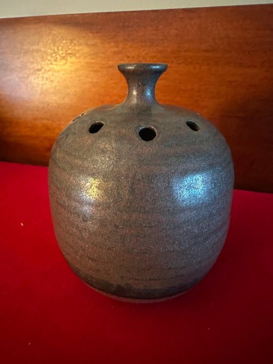 Vintage Takahashi Brown Pottery Flower Frog Vase - San Francisco, Japan