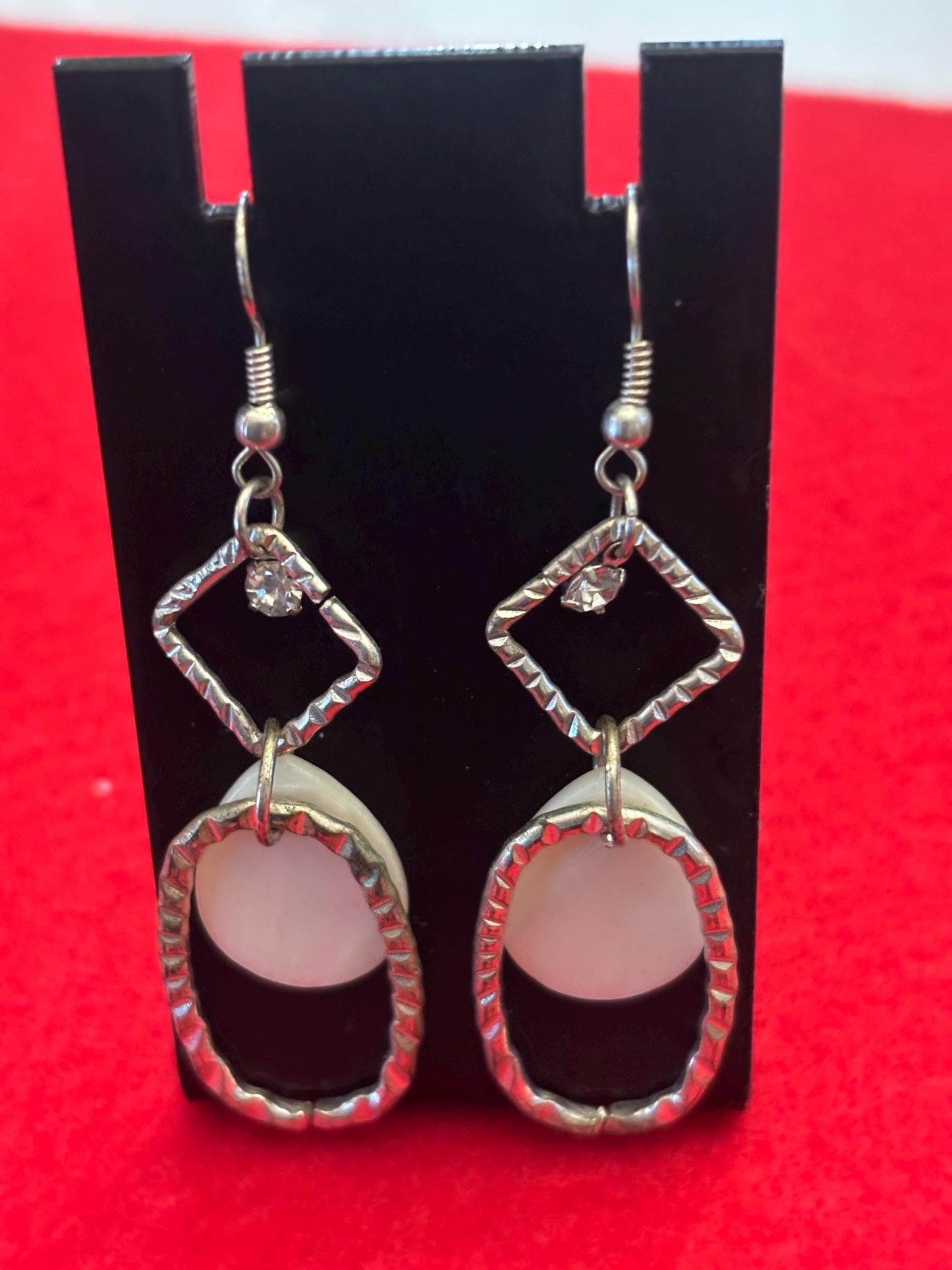 Vintage Pair of Silver Dangle Earrings with Diamond Shaped Top and Oval Bottom and Opal Style Stone