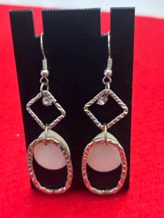 Vintage Pair of Silver Dangle Earrings with Diamond Shaped Top and Oval Bottom and Opal Style Stone