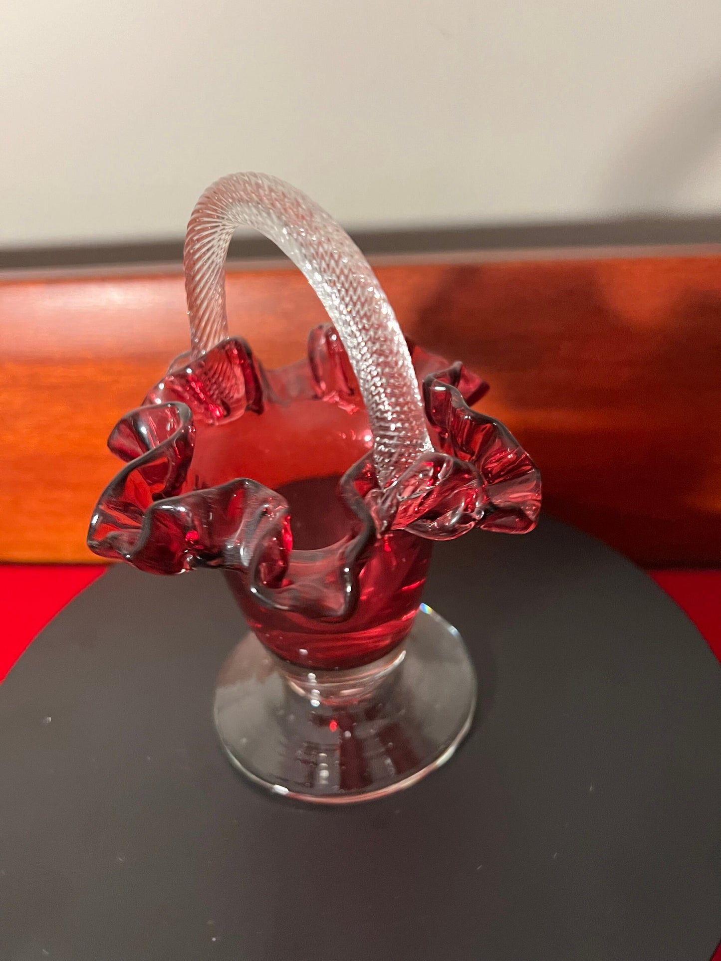 Vintage Fenton Cranberry Glass Ruffled Basket with Handle