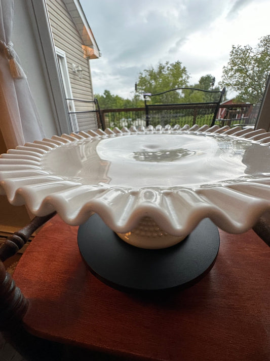 Vintage Fenton Milk Glass Cake Stand: Hobnail Ruffled Display, White Home Decor