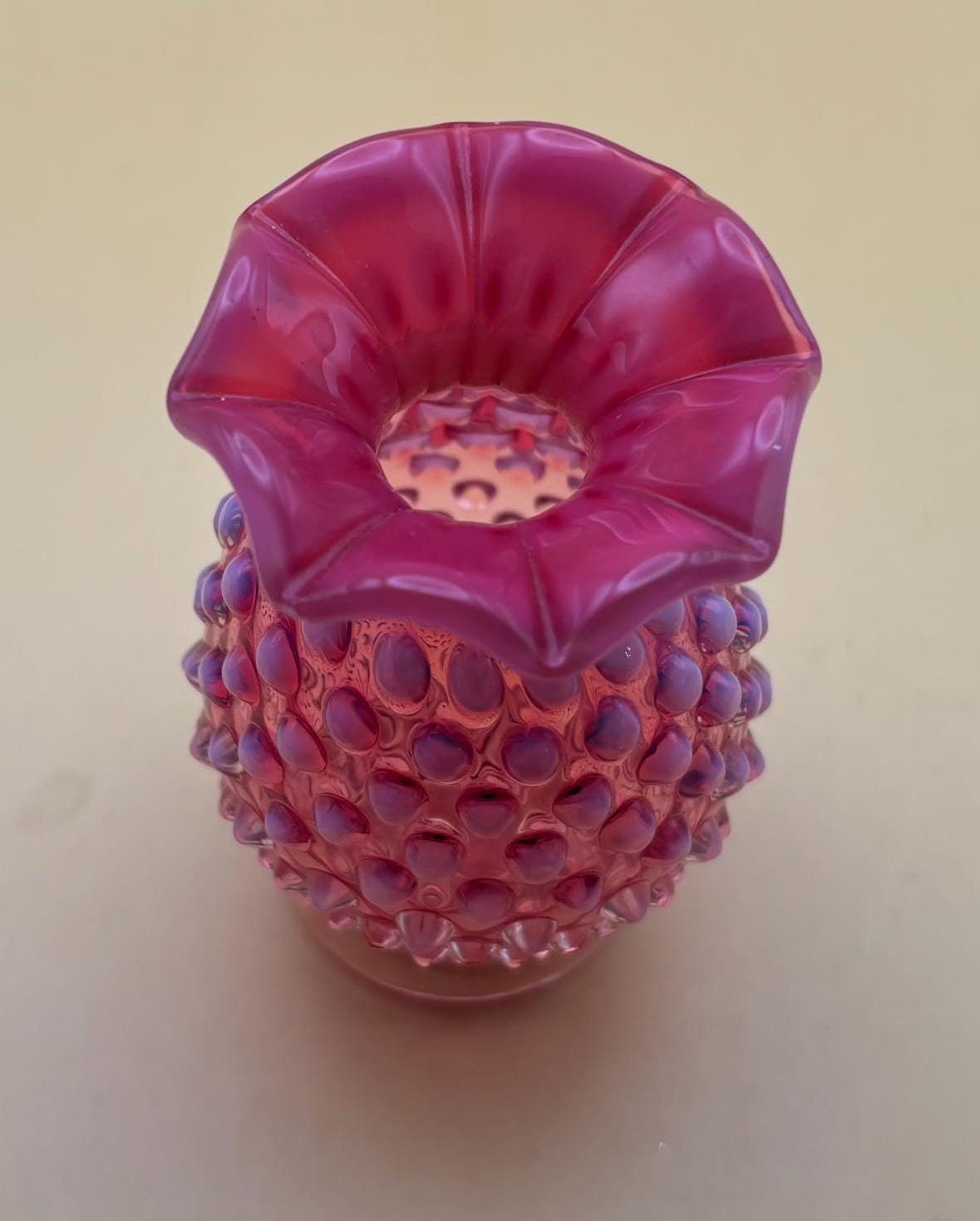Vintage Fenton Cranberry Opalescent Miniature Hobnail Vase with Pedestal Lover Antiques and Vintage