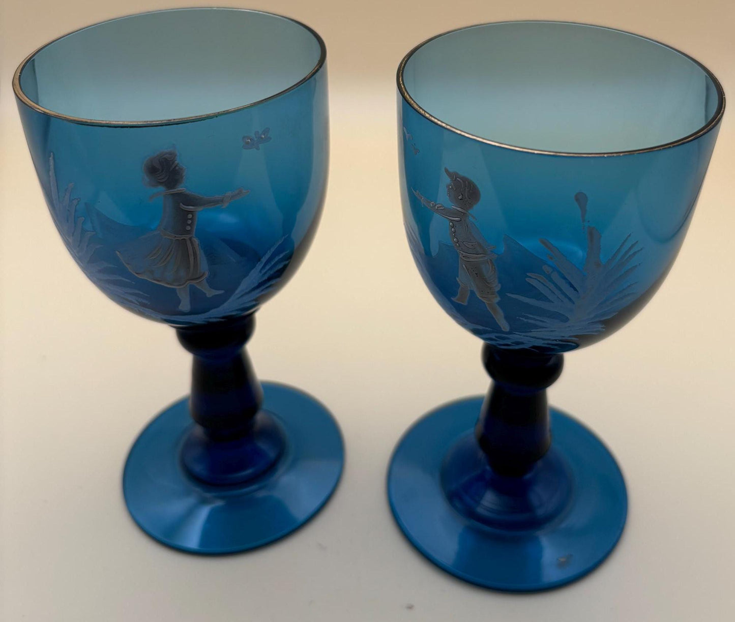 Vintage Blue Mary Gregory Wine Glasses Westmoreland Lover Antiques and Vintage