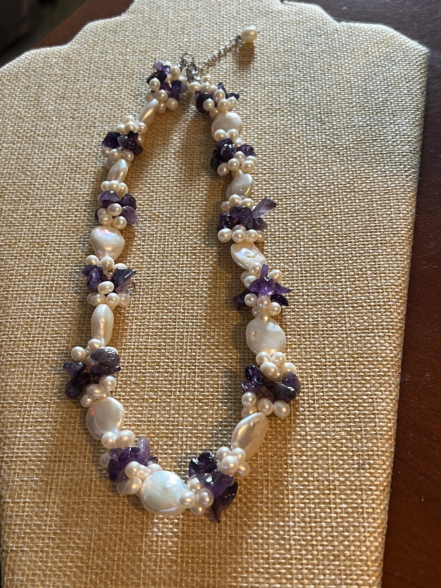 Vintage Pearl Amethyst Necklace: Sterling Silver Clasp, 15"