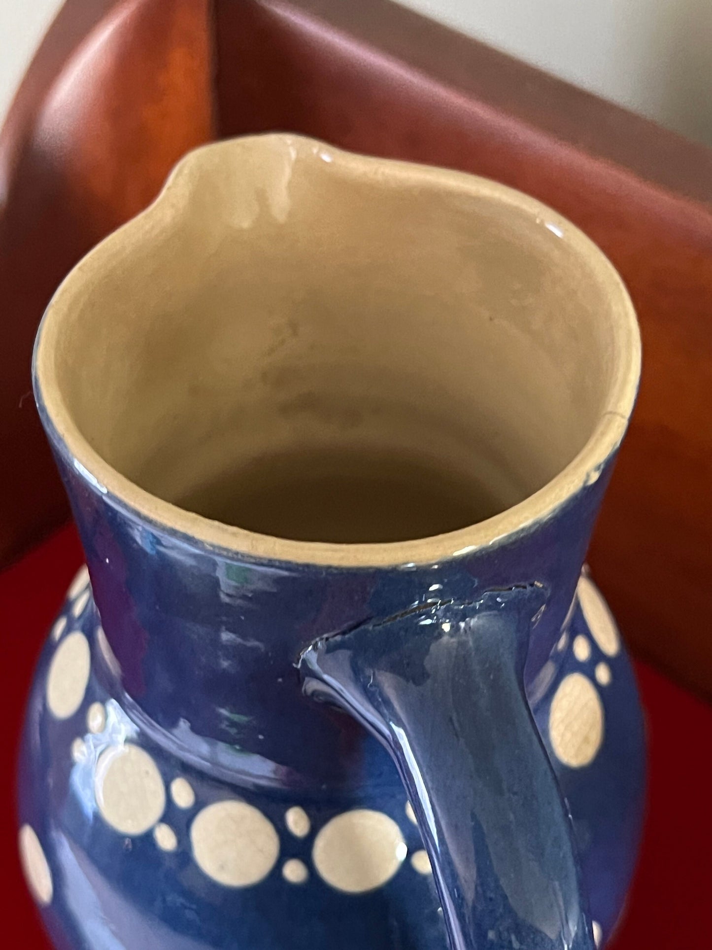 Vintage Ceramic Pitcher Jug Mug Burgel Thuringia Blue White Polka Dot Jug Lover Antiques and Vintage