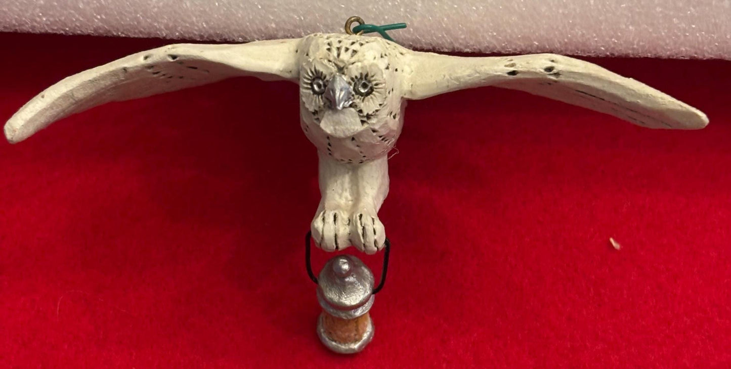 Pam Schifferl Early Hand Carved Owl with Lantern, Wings Spread Carrying a Lantern, Hand Painted Early Owl Carving